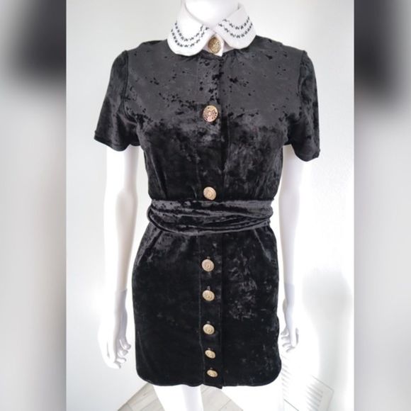 Handmade Black Witchy, Goth Velour Spandex Courtney Love Button Up Mini Dress S - Picture 2 of 9
